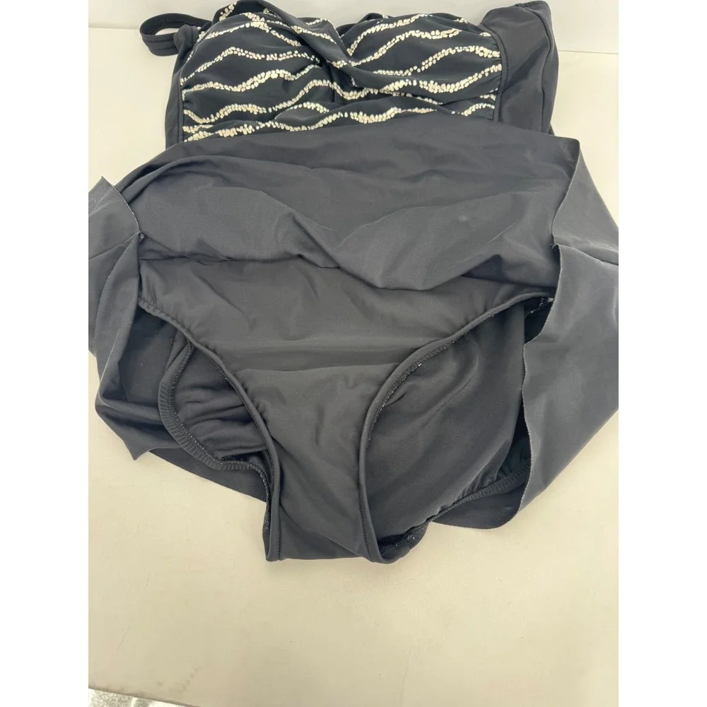 Black Gold Sz 14 Ruched Swim Dress One Piece Adjustable Straps Skirted Swimsuit